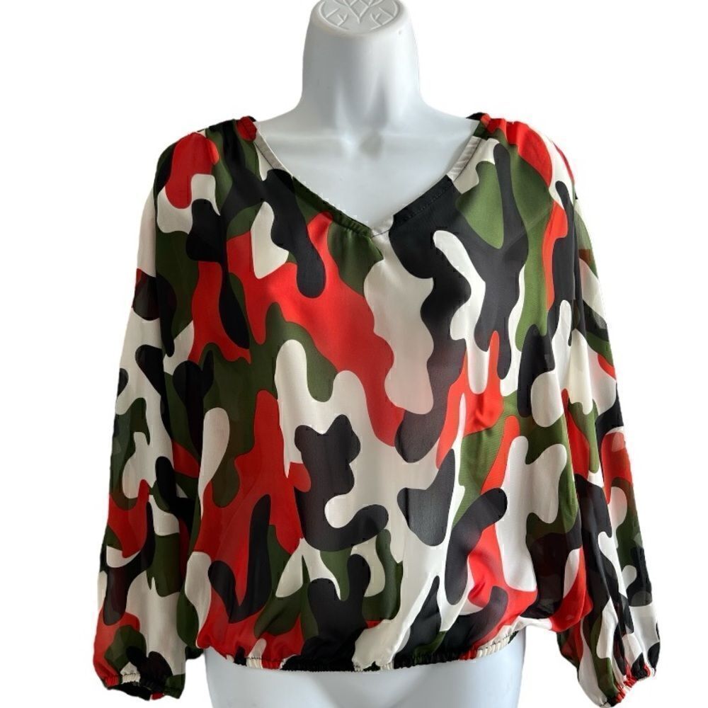 Camouflage Pattern Women Mesh Shirt, Long Sleeve Top, See Through Shirt Size M
